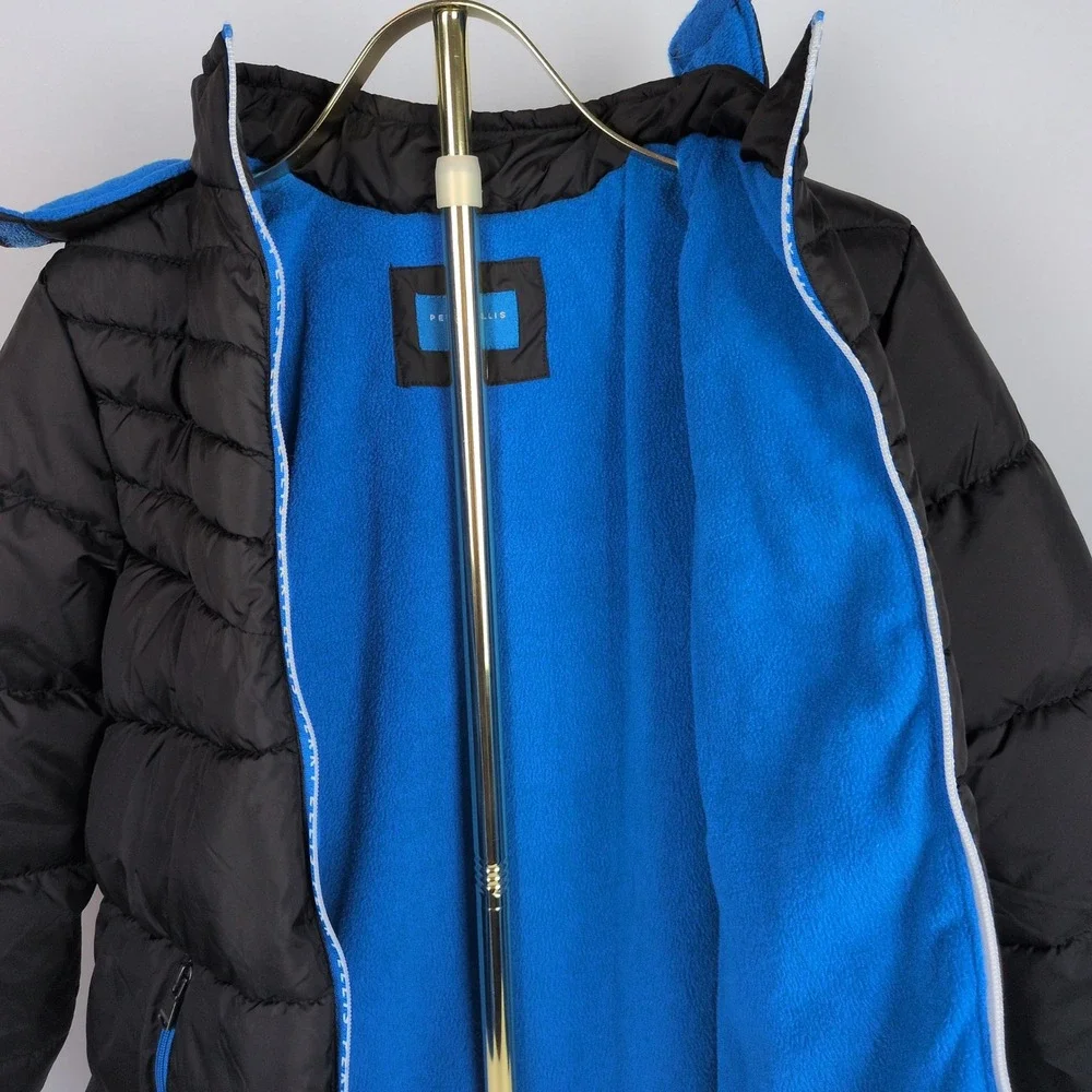 Perry Ellis Boy 14/16 Puffer Jacket Black Blue Fleece Lined Hooded Winter Coat